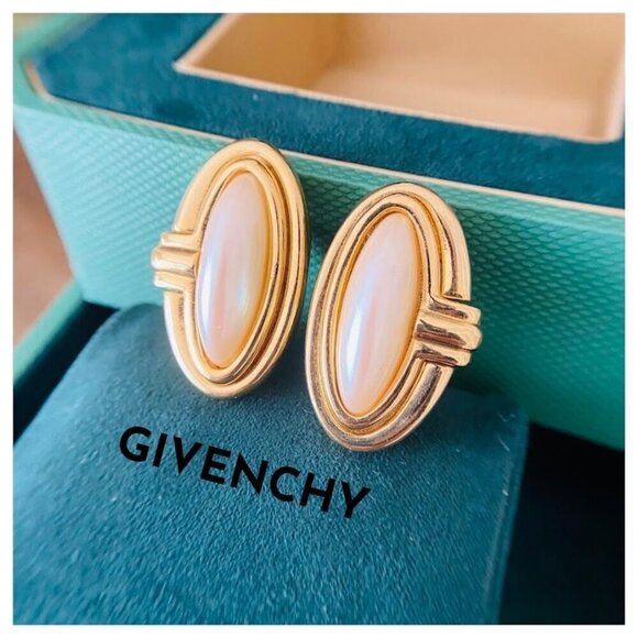 Vintage Givenchy Oval Pearl Cabochon Earrings Pierced - Picture 1 of 5